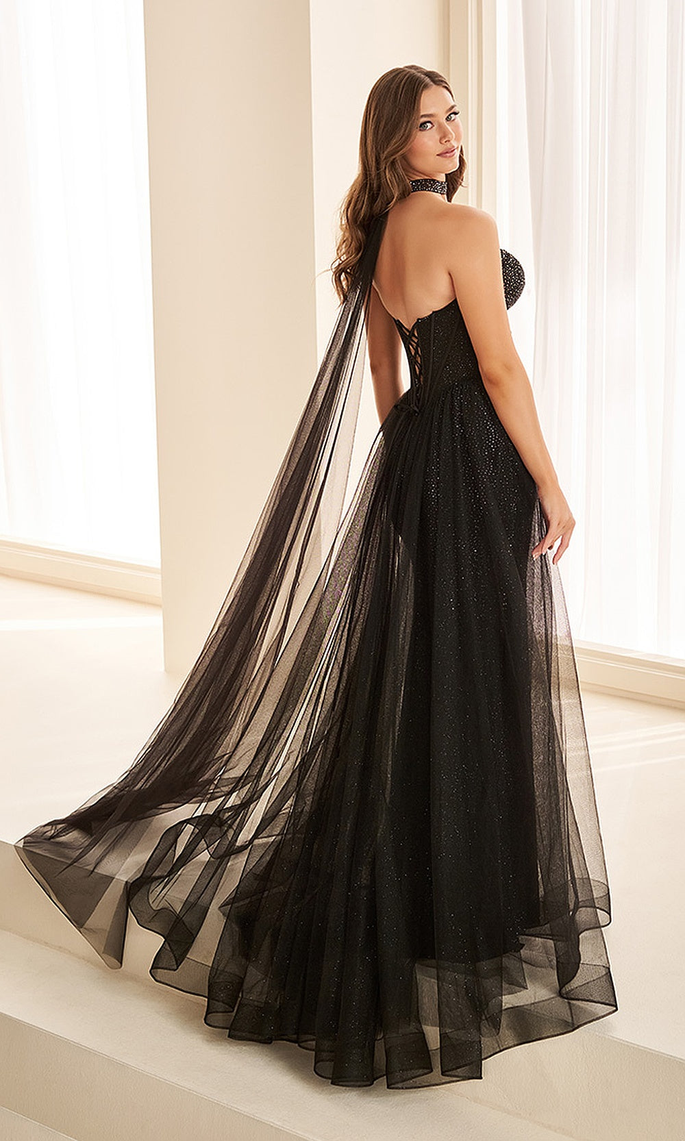 Ellie Wilde EW38007 Black prom dress back view with glitter mesh, crisscross open corset back, fitted silhouette, and train for a pageant-ready gown.