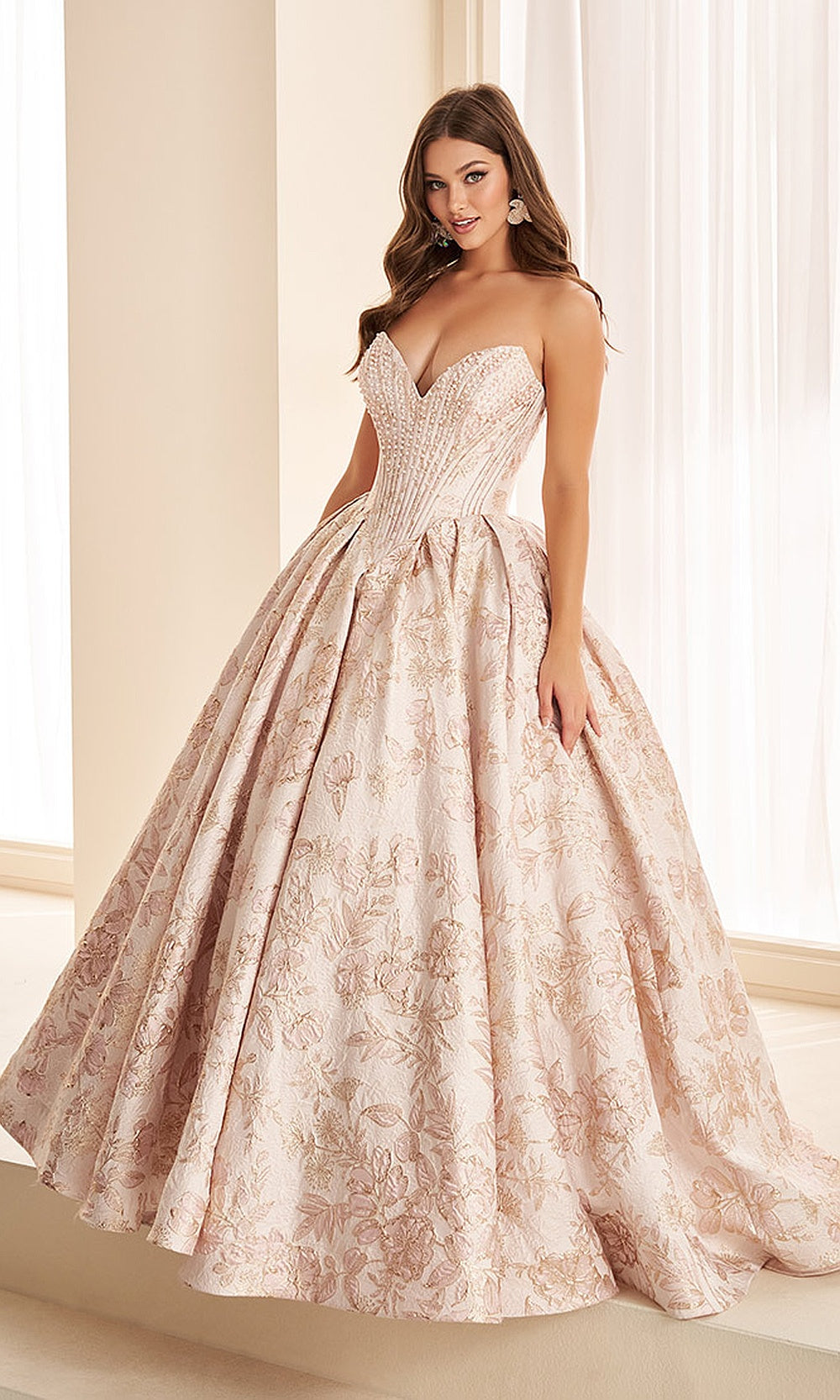 Ellie Wilde EW38042 Blush Light Gold prom dress front view with beaded print fabric, sweetheart strapless neckline, ballgown silhouette, formal prom gown.