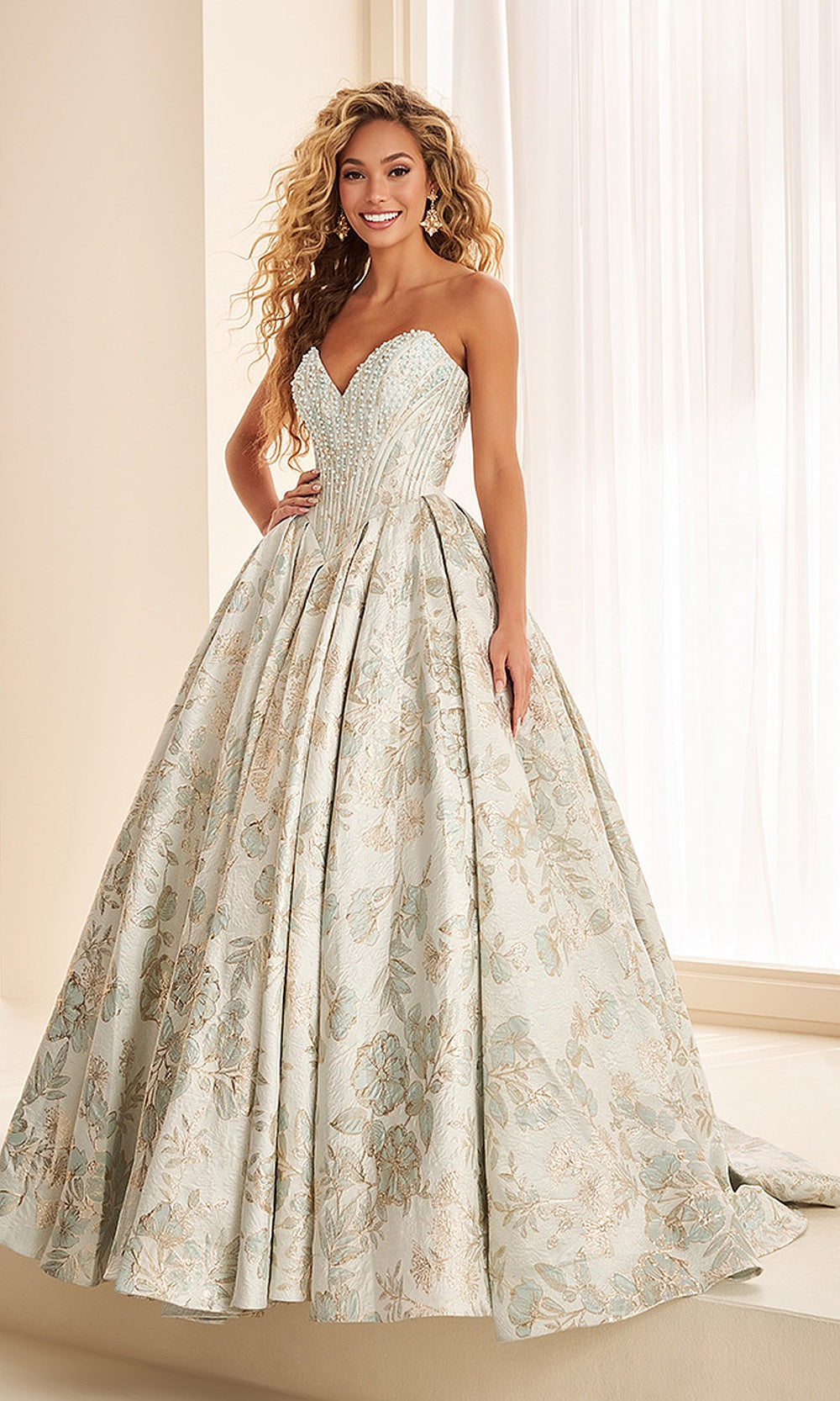 Ellie Wilde EW38042 Sage Light Gold prom dress front view with beaded print fabric, strapless sweetheart neckline, full ballgown silhouette, gala gown.