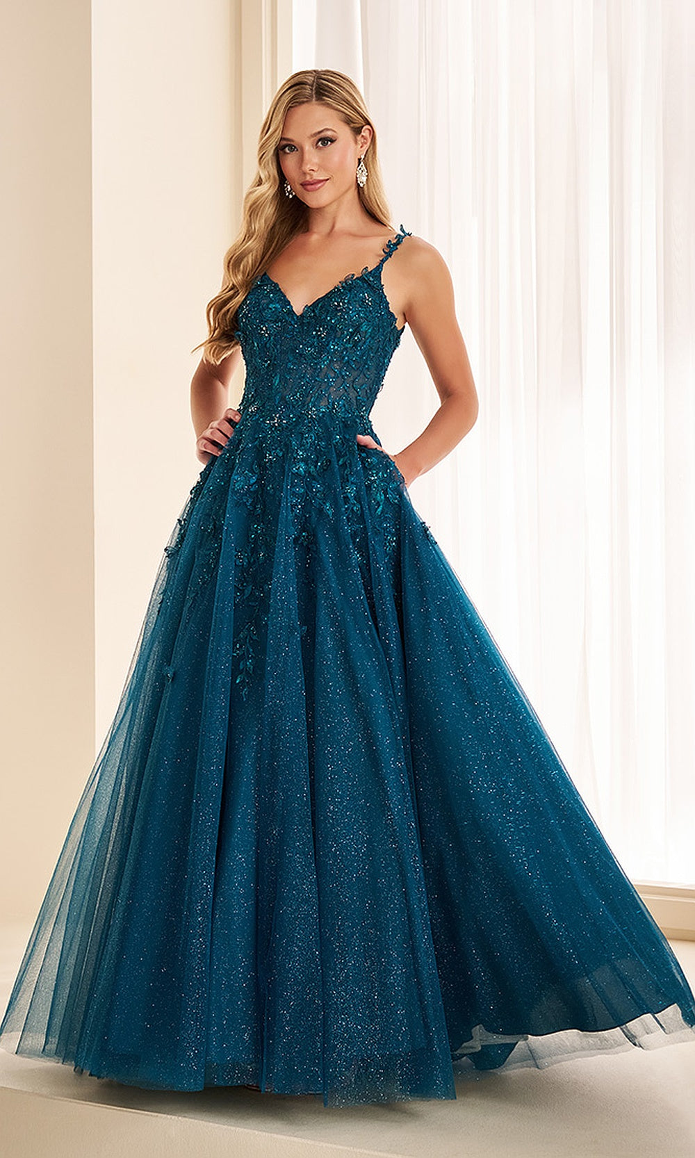 Ellie Wilde EW38060 Dark Teal prom dress front view with sheer corset bodice, glitter tulle A-line ballgown, floral appliqués, formal prom gown