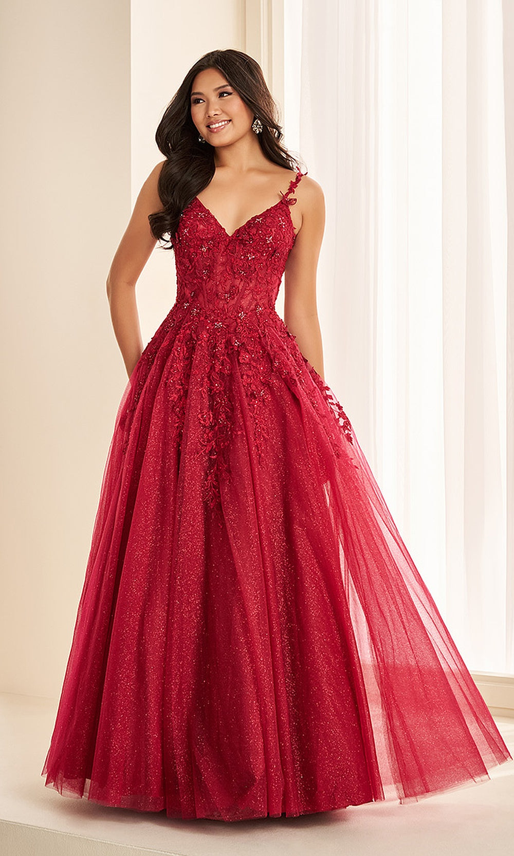 Ellie Wilde EW38060 Wine prom dress front view with v-neck straps, boned corset bodice, glitter tulle A-line ballgown, debut ball gown