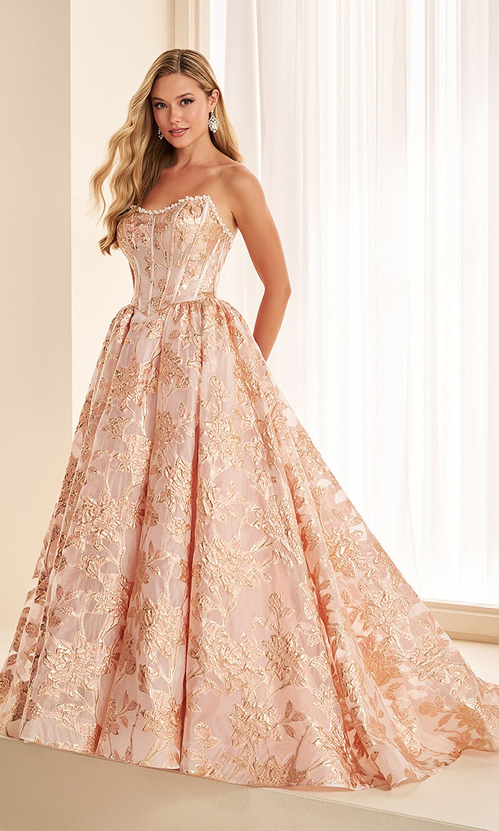 Ellie Wilde EW38066 Coral/Light Gold front prom strapless pearl-trim metallic floral jacquard ballgown with boned corset pockets and sweep train debut ball gown