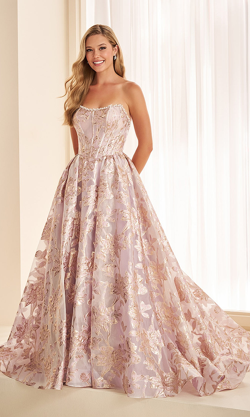Ellie Wilde EW38066 Orchid/Light Gold front prom strapless scoop pearl-trim metallic floral jacquard A-line ballgown with boned corset and sweep train formal prom gown