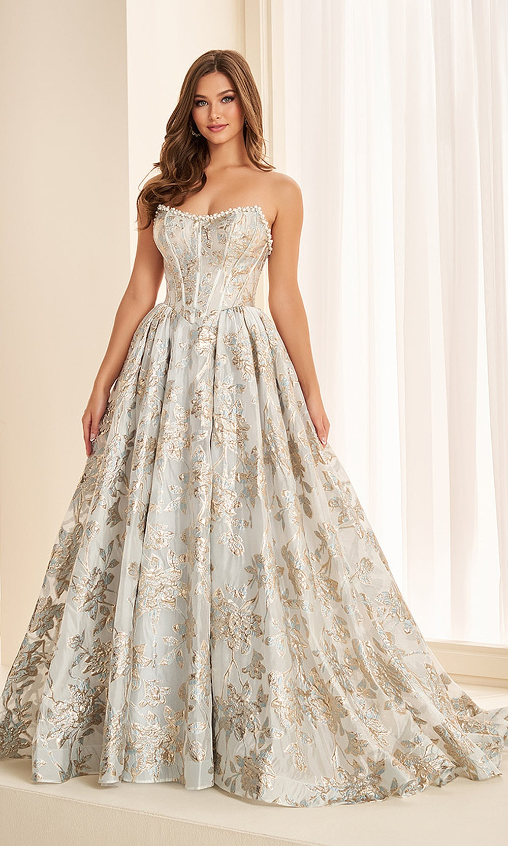 Ellie Wilde EW38066 Slate Blue/Light Gold front prom strapless pearl-trim metallic floral jacquard ballgown with boned corset full A-line skirt sweet 16 ball gown