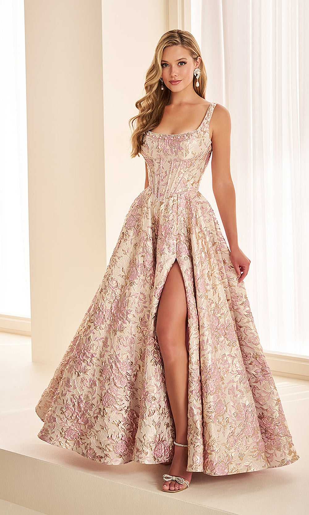 Ellie Wilde EW38067 Pink/Light Gold prom dress front view metallic brocade square neckline boned corset A-line ballgown formal prom gown