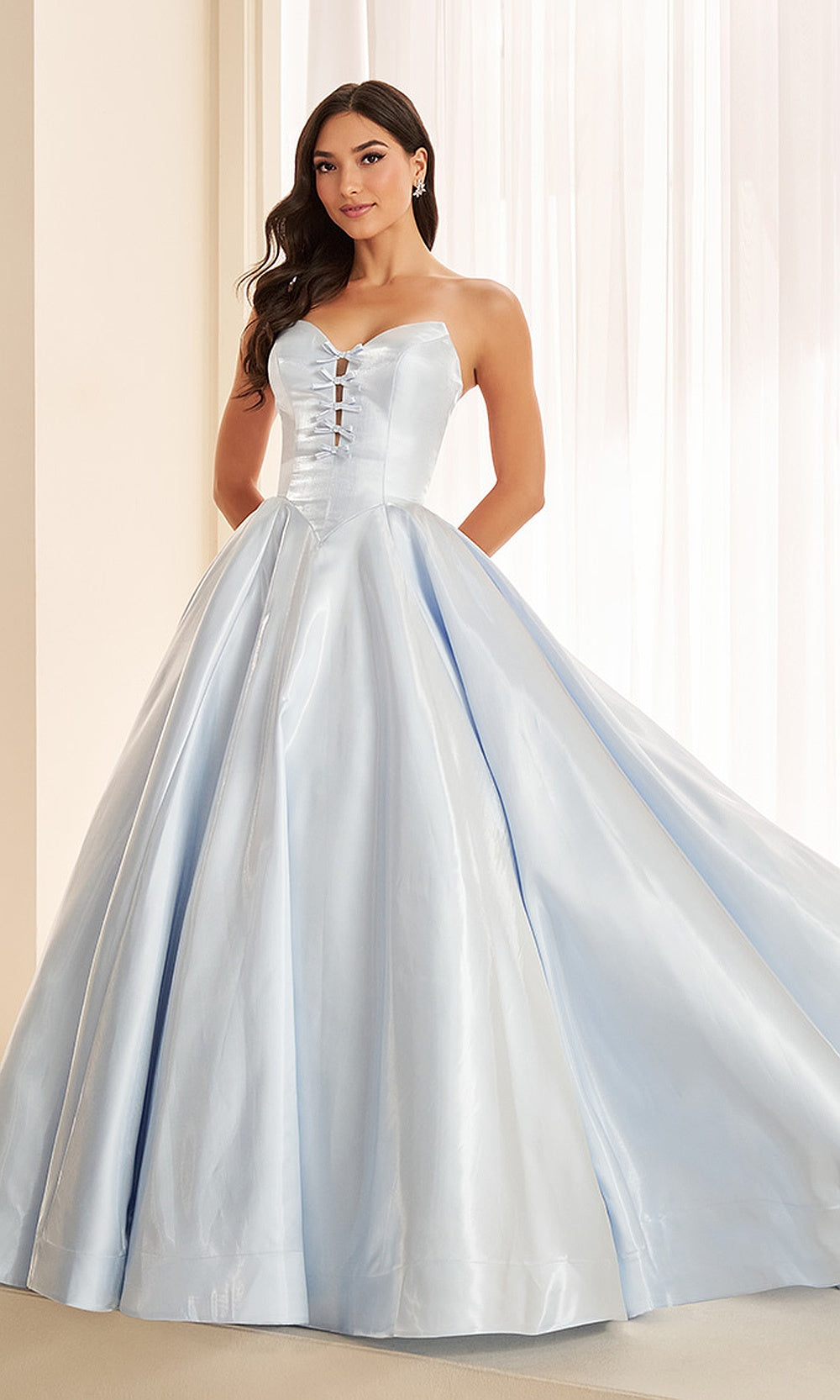 Ellie Wilde EW38078 Light Blue prom dress front view, strapless sweetheart satin ballgown with boned corset bodice and full skirt, debut ball gown