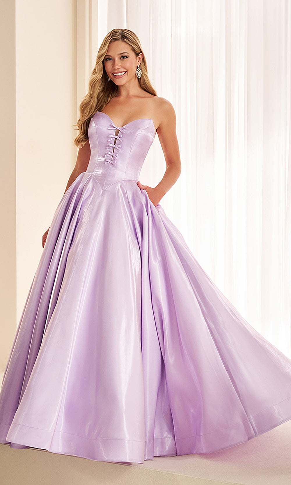 Ellie Wilde EW38078 Lilac prom dress front view, strapless sweetheart satin ballgown with full A-line silhouette and hidden pockets, sweet 16 ball gown