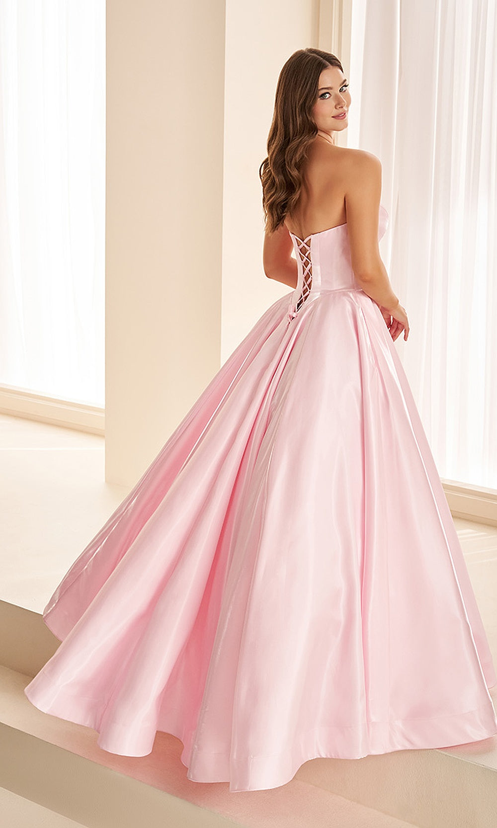 Ellie Wilde EW38078 Sakura Pink prom dress back view with lace-up crisscross corset back on a full satin ballgown with A-line silhouette, evening gown