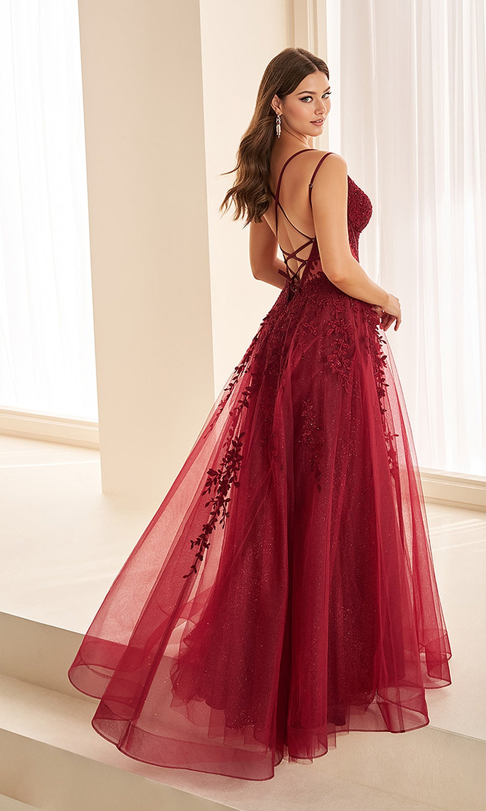 Ellie Wilde EW38097 Merlot prom dress back view with crisscross corset back, open-back styling, lace floral appliques, A-line evening gown.