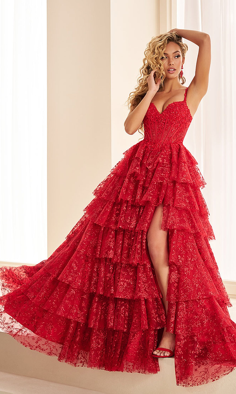 Ellie Wilde EW38101 Dark Red prom dress front view with glitter tulle, floral appliques, sweetheart corset ballgown with tiered ruffle skirt, formal prom gown.
