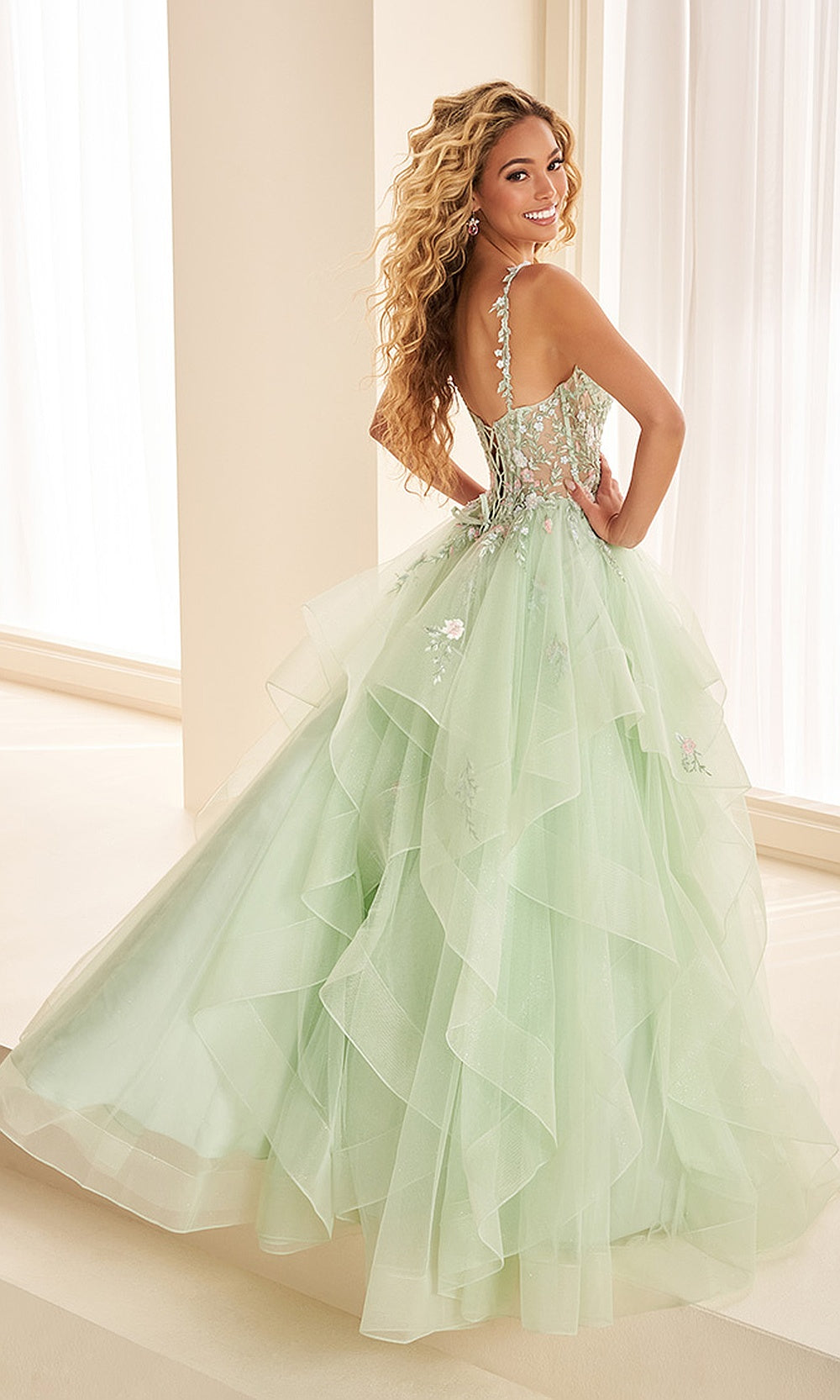 Ellie Wilde EW38123 Rose Garden prom dress back view with glitter tulle, corset lace-up illusion back, ballgown silhouette, stunning evening gown.
