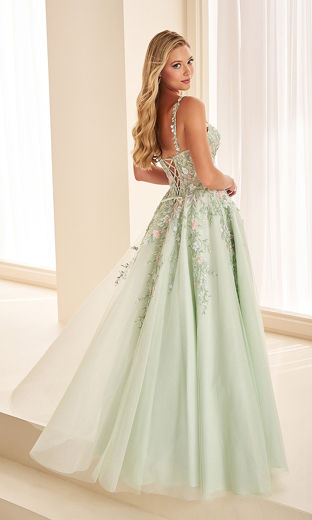 Ellie Wilde EW38124 Rose Garden prom dress back view with glitter tulle, corset back with boning, A-line ballgown silhouette, evening gown.