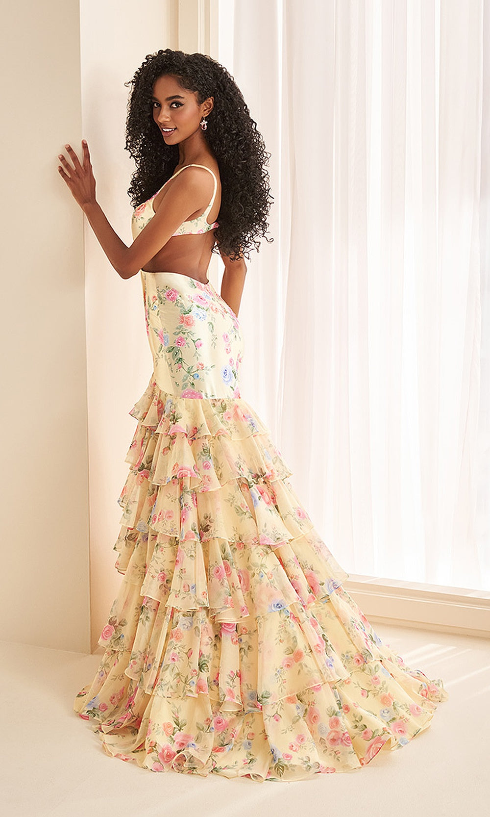 Ellie Wilde EW38129 Yellow Multi prom dress back view with open back, straps, printed chiffon ruffles, and long train, evening gown.