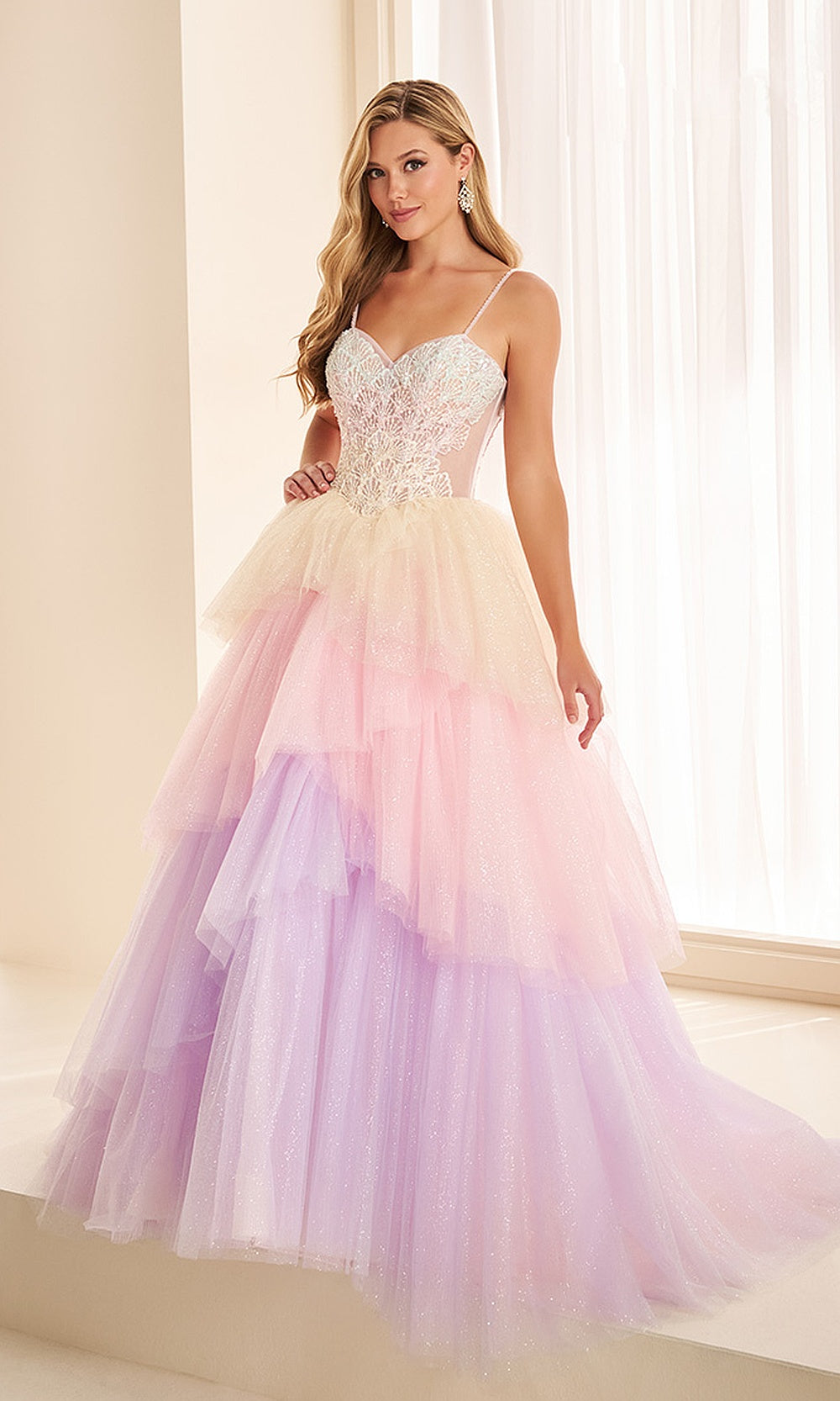 Ellie Wilde EW38134 Rainbow Sorbet prom dress front view with glitter tulle, beaded lace floral appliqués, sweetheart neckline ballgown silhouette, formal prom gown.