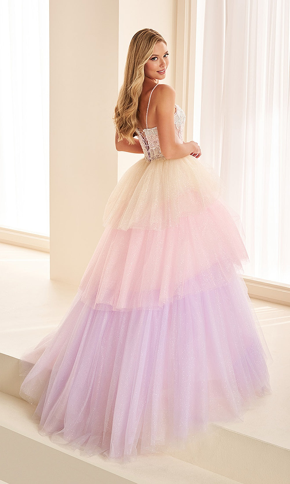 Ellie Wilde EW38134 Rainbow Sorbet prom dress back view with glitter tulle, corset back and train, sweetheart ballgown silhouette, pageant-ready gown.