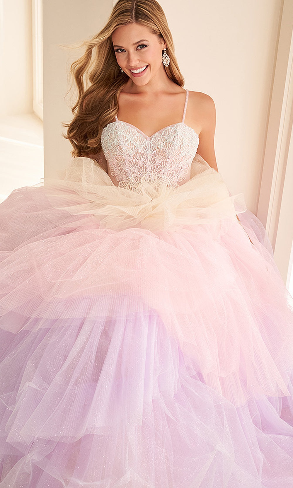 Ellie Wilde EW38134 Rainbow Sorbet prom dress front view with beaded lace bodice, ruffle glitter tulle skirt, sweetheart ballgown silhouette, gala gown.