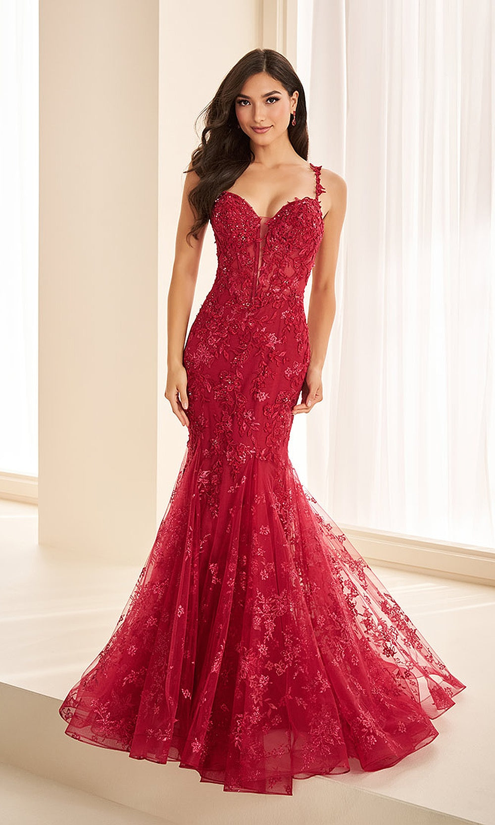 Ellie Wilde EW38138 Wine prom dress front view with glitter lace and tulle, floral appliques, fitted mermaid silhouette, formal prom gown.