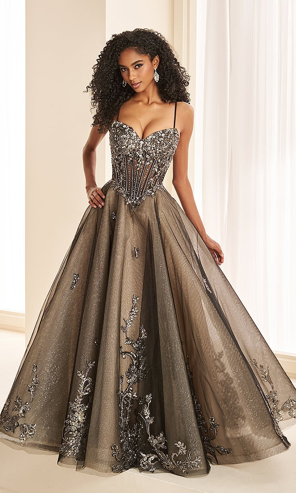 Ellie Wilde EW38141 Black Gunmetal prom dress front view with glitter tulle skirt, lace beading, straps, and a-line ballgown silhouette pageant-ready gown.