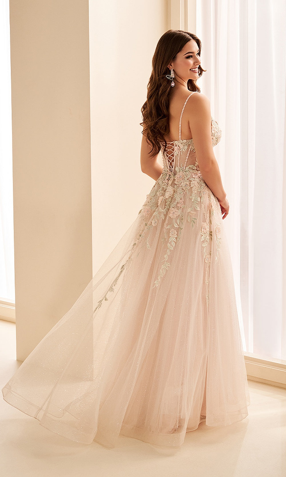 Ellie Wilde EW38203 Petal prom dress back view with glitter tulle, illusion crisscross corset back, A-line ballgown silhouette, an elegant evening gown.