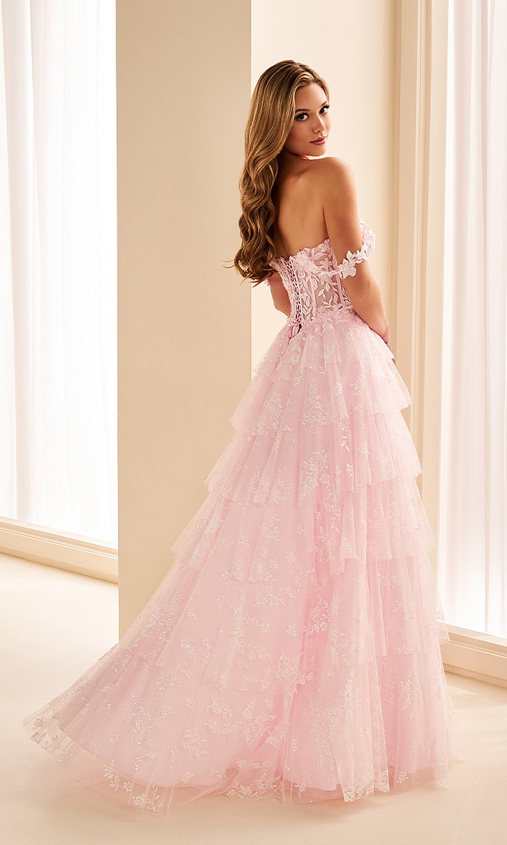 Ellie Wilde EW38206 Light Pink prom dress back view with lace appliqués, corset-back boning, detachable straps, and sweeping tulle ballgown skirt, evening gown.
