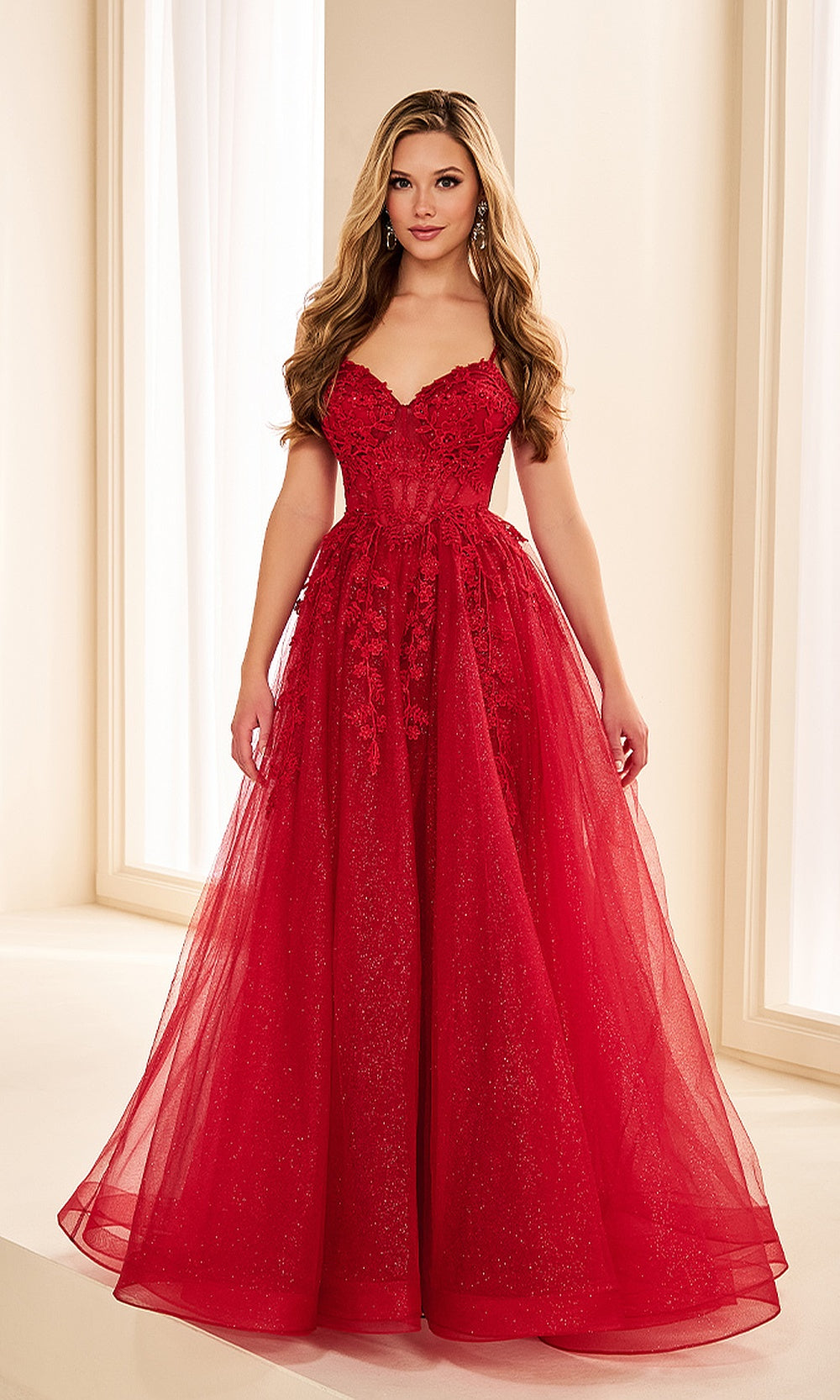 Ellie Wilde EW38217 Dark Red front view prom dress with glitter tulle skirt, lace floral corset bodice, sweetheart neckline, evening gown