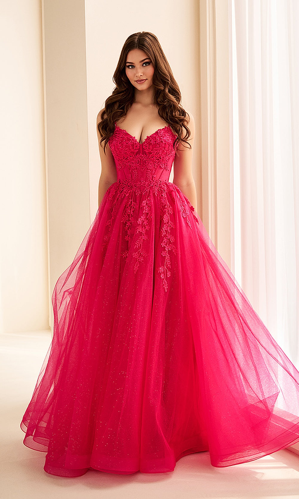 Ellie Wilde EW38217 Magenta front view prom dress with glitter tulle, lace floral corset bodice, A-line ballgown silhouette, formal prom gown