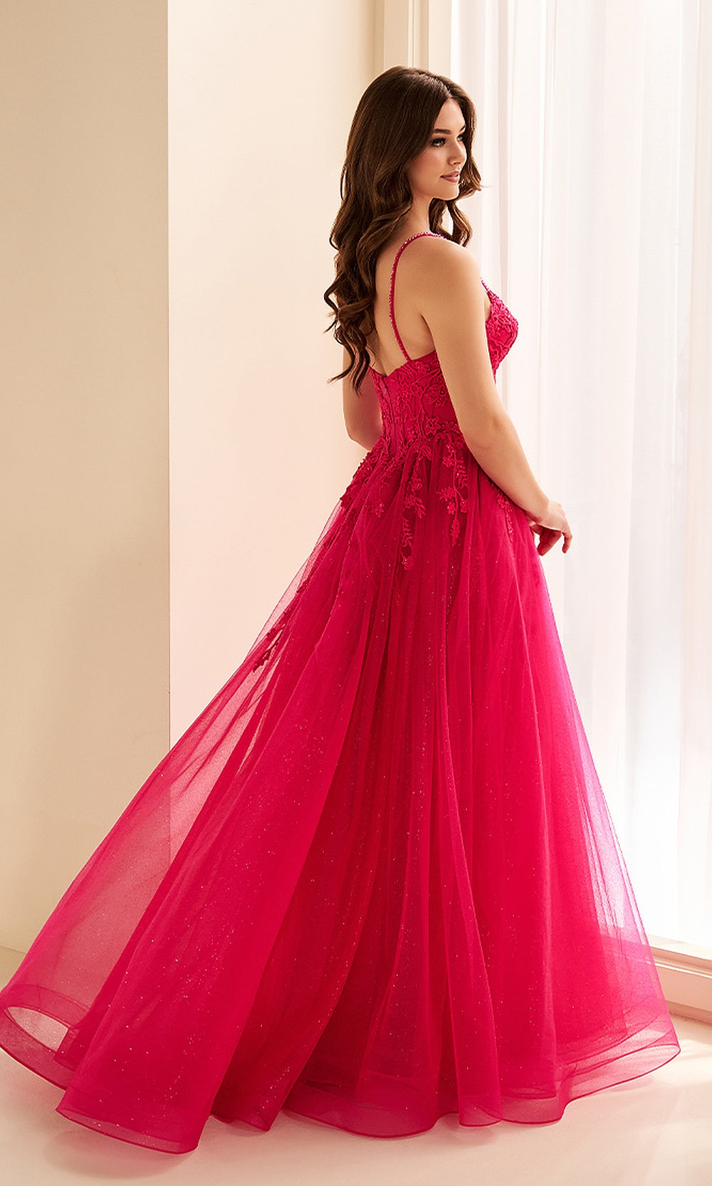 Ellie Wilde EW38217 Magenta back view prom dress with zipper closure, glitter tulle A-line skirt, lace corset back, evening gown