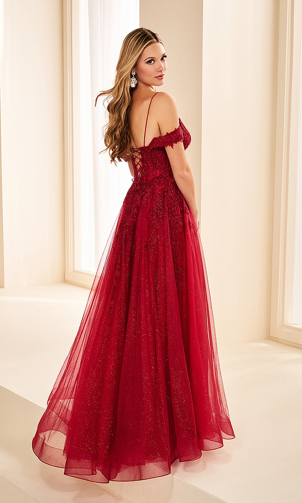 Ellie Wilde EW38219 Wine A-Line prom dress back view with glitter tulle and lace, lace-up corset back, floral appliques, stunning gala gown.
