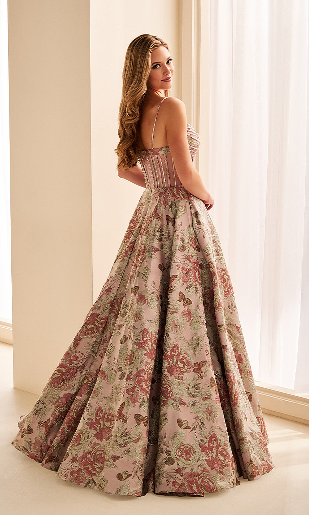 Ellie Wilde EW38222 Rose Garden prom dress back view with beaded brocade print, illusion back and straps, ballgown silhouette, gala gown.