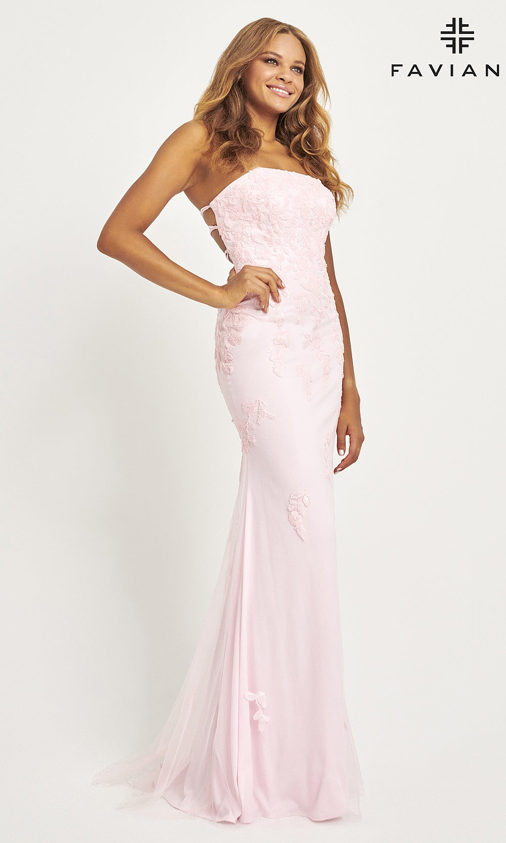 Faviana 11004 Light Pink side view strapless square-neck fit-and-flare gown with floral appliques