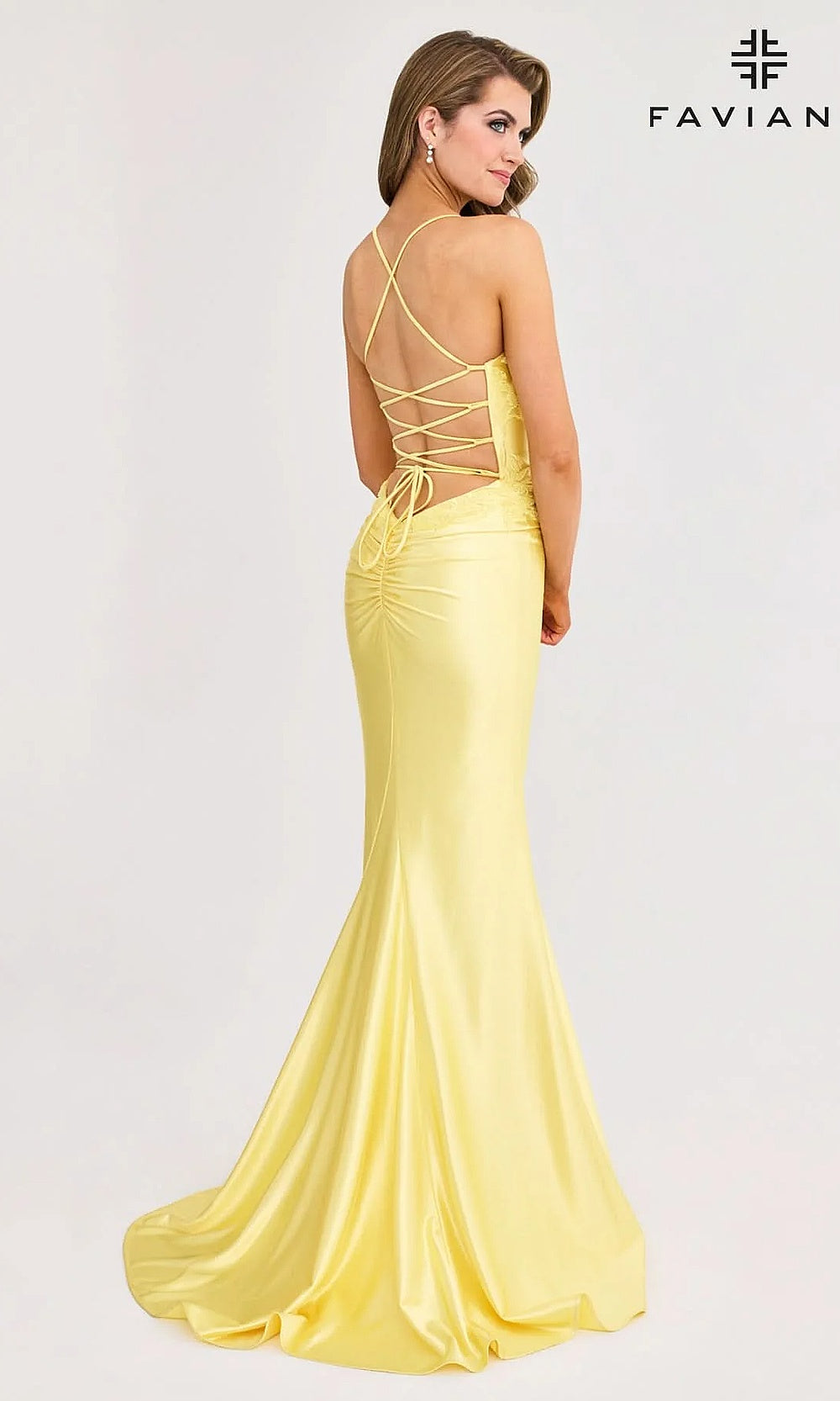 Faviana 11010 Beaded Embroidery V-Neck Fitted Satin Gown with High Slit