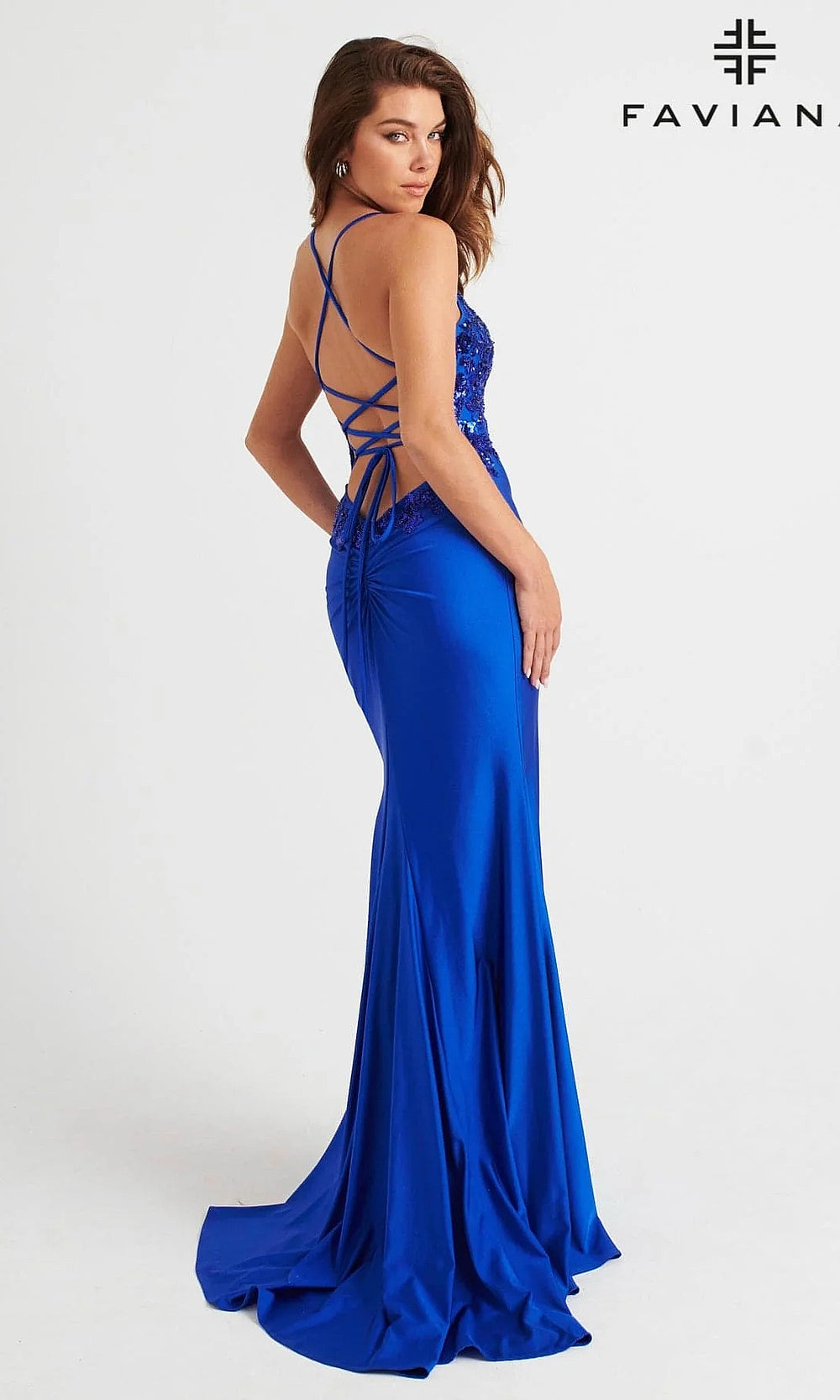 Faviana 11017 Sequin Floral Fitted Jersey Gown with High Slit with Sweep Train
