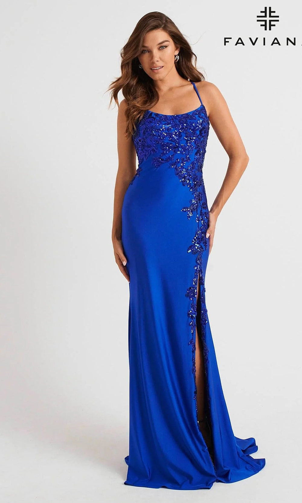 Faviana 11017 Sequin Floral Fitted Jersey Gown with High Slit with Sweep Train