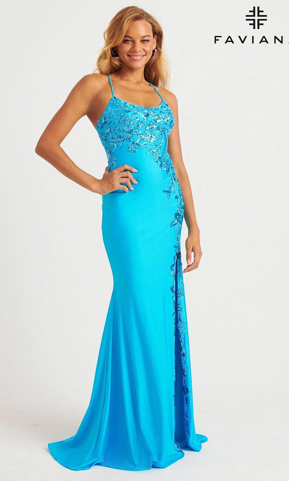 Faviana 11017 Sequin Floral Fitted Jersey Gown with High Slit with Sweep Train