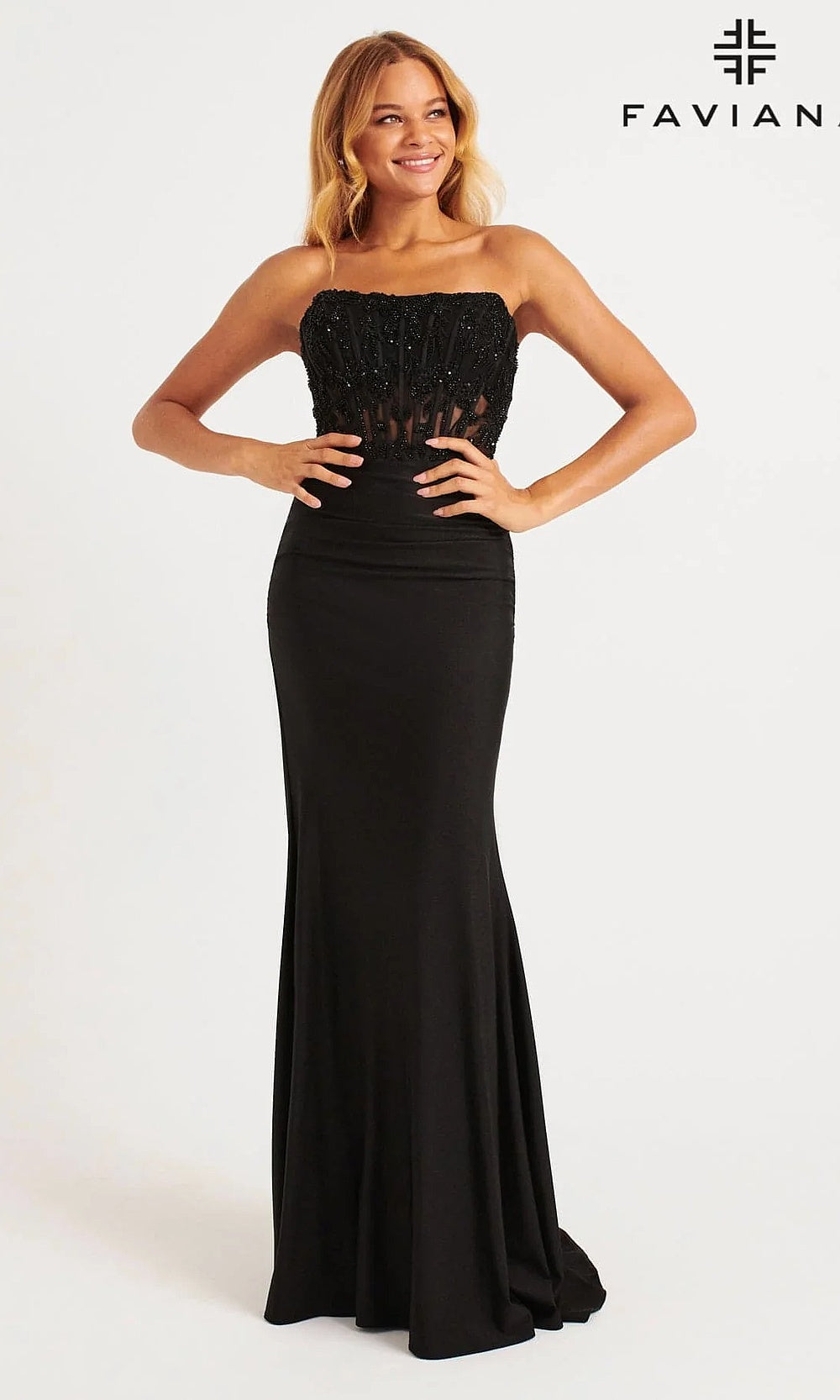 Faviana 11081 Strapless Beaded Illusion Corset Mermaid Gown with Ruched Jersey Skirt
