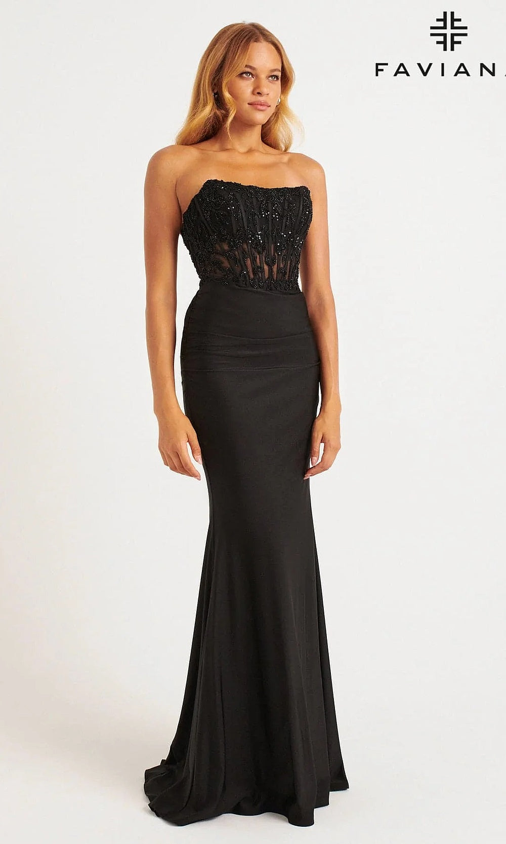 Faviana 11081 Strapless Beaded Illusion Corset Mermaid Gown with Ruched Jersey Skirt