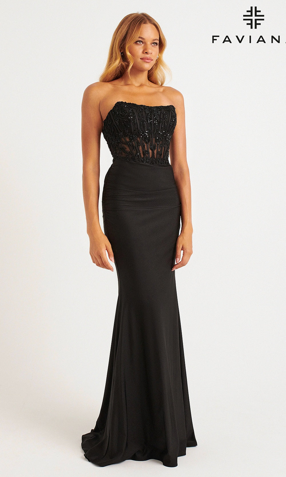 Faviana 11081 Black side view strapless beaded illusion corset mermaid gown with ruched jersey skirt