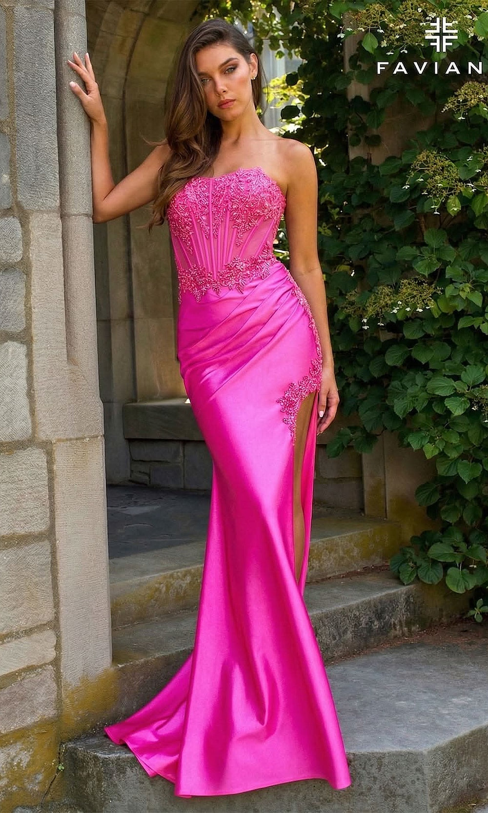 Faviana 11209 Strapless Square-Neck Corset Gown with Beaded Appliqués & Slit