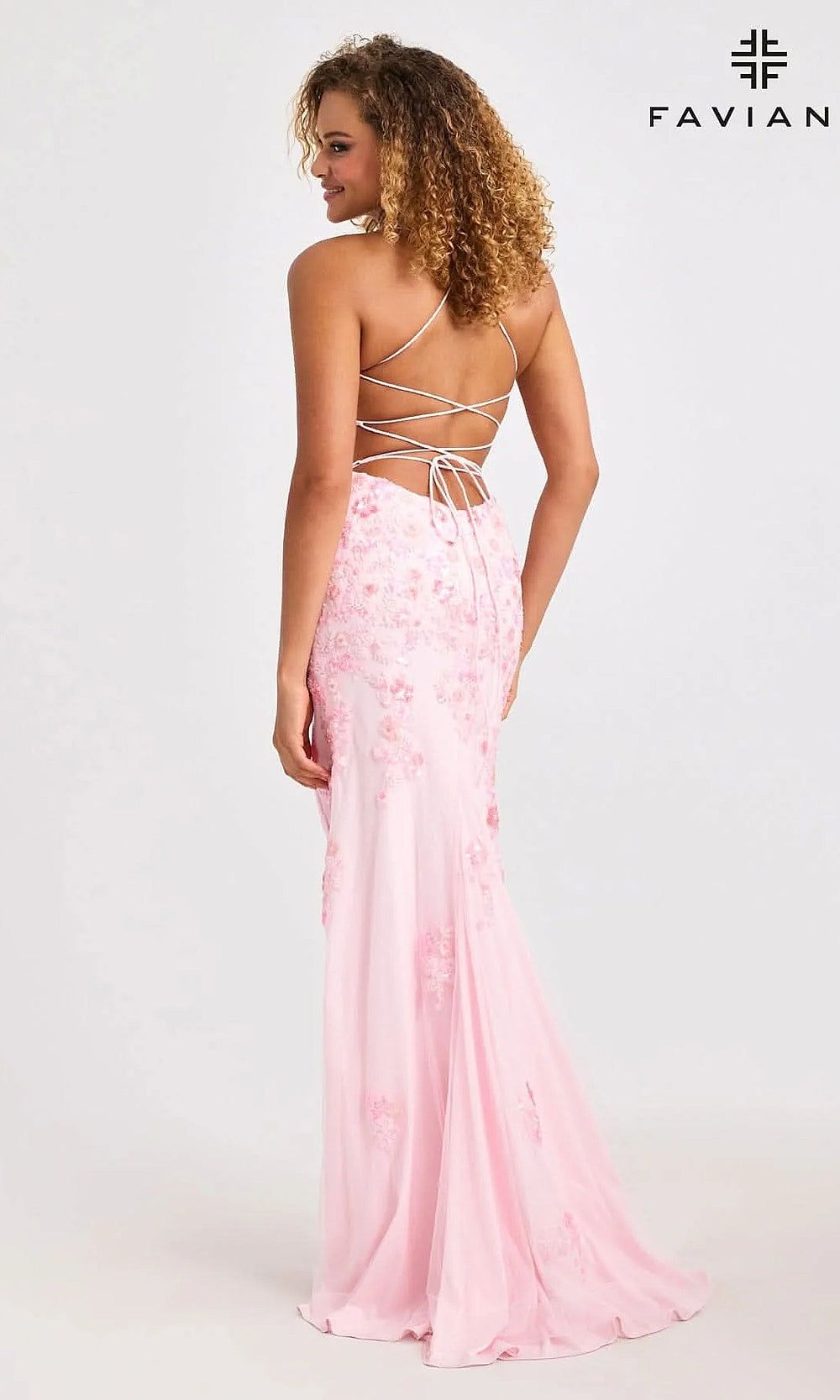 Faviana 11251 Fitted V-Neck Floral Beaded Gown with High Slit with Sweep Train