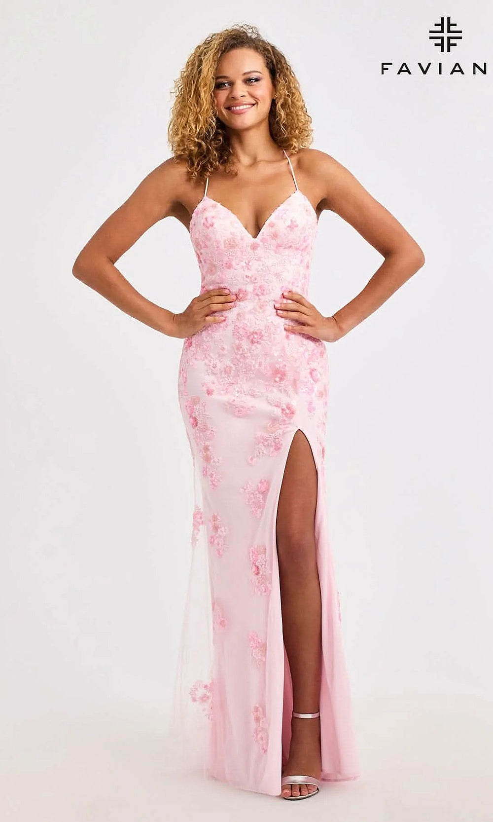 Faviana 11251 Fitted V-Neck Floral Beaded Gown with High Slit with Sweep Train