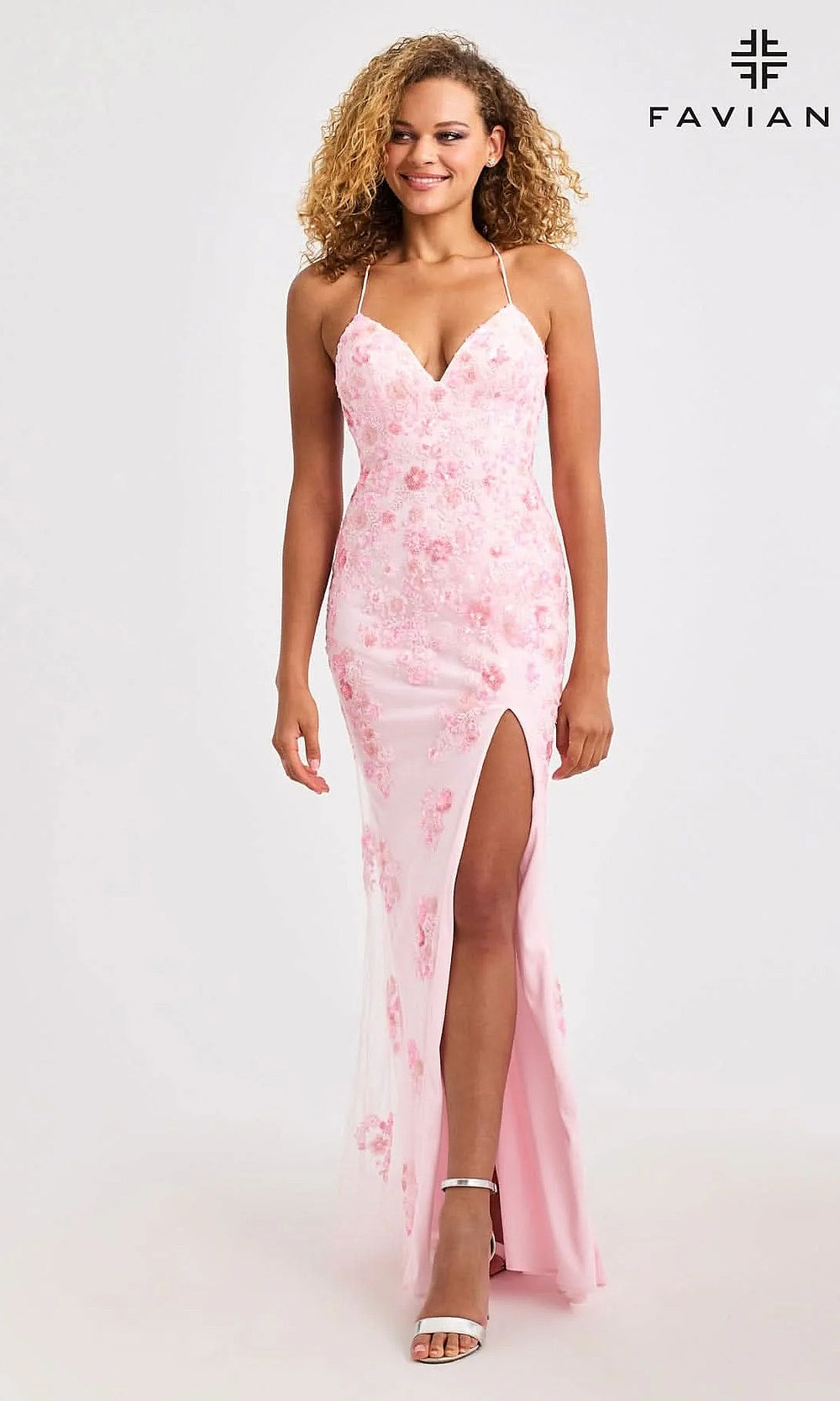 Faviana 11251 Fitted V-Neck Floral Beaded Gown with High Slit with Sweep Train