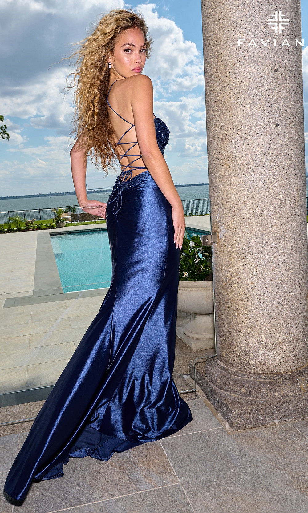 Faviana 11404 Navy front angle view beaded satin corset fitted gown with high slit & train
