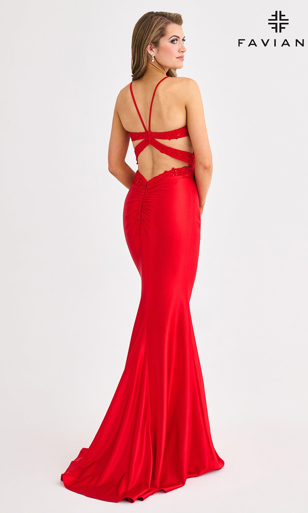 Faviana 11414 Red full-length back view sweetheart gown with lace appliqué bodice & high slit