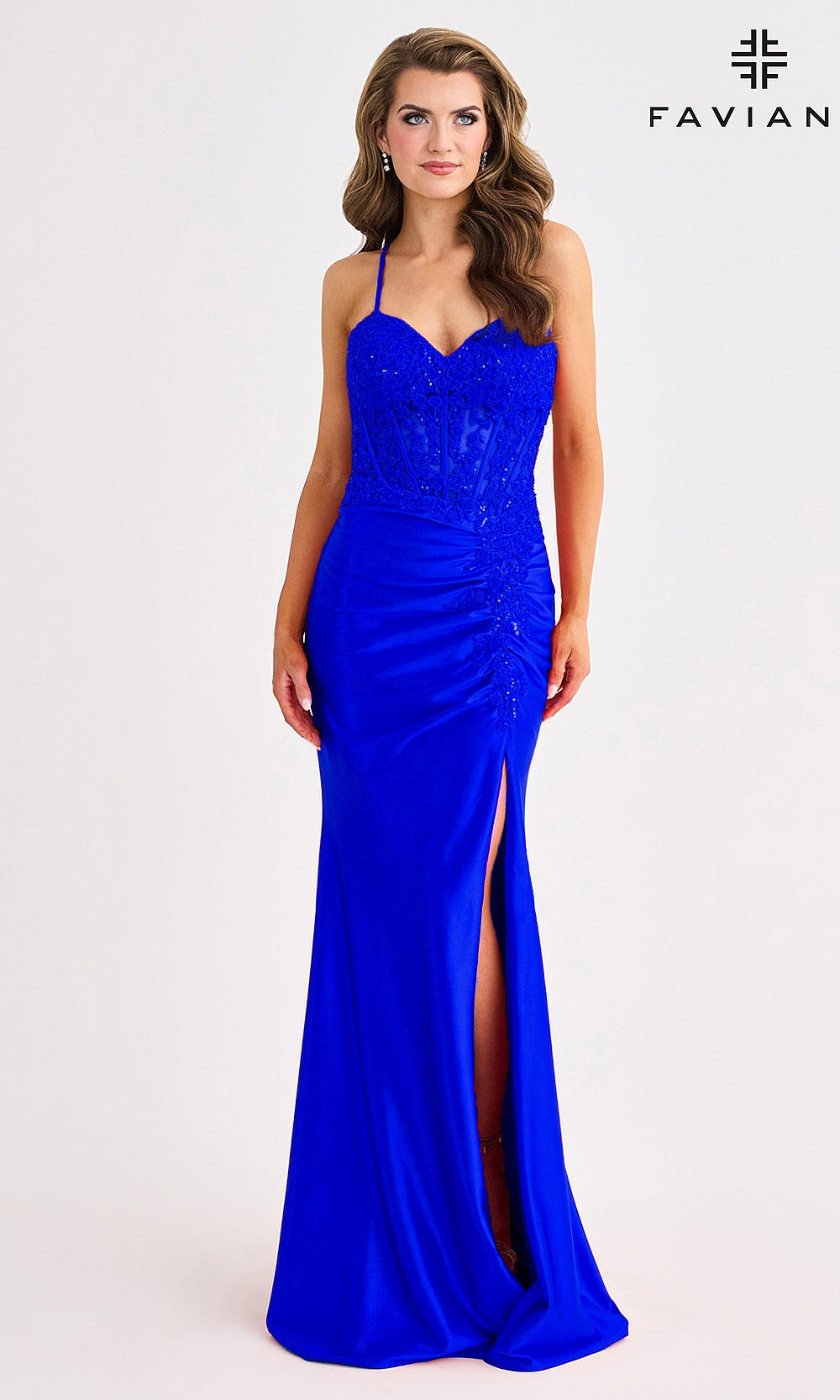 Faviana 11414 Royal front view sweetheart gown with lace appliqué bodice & high slit