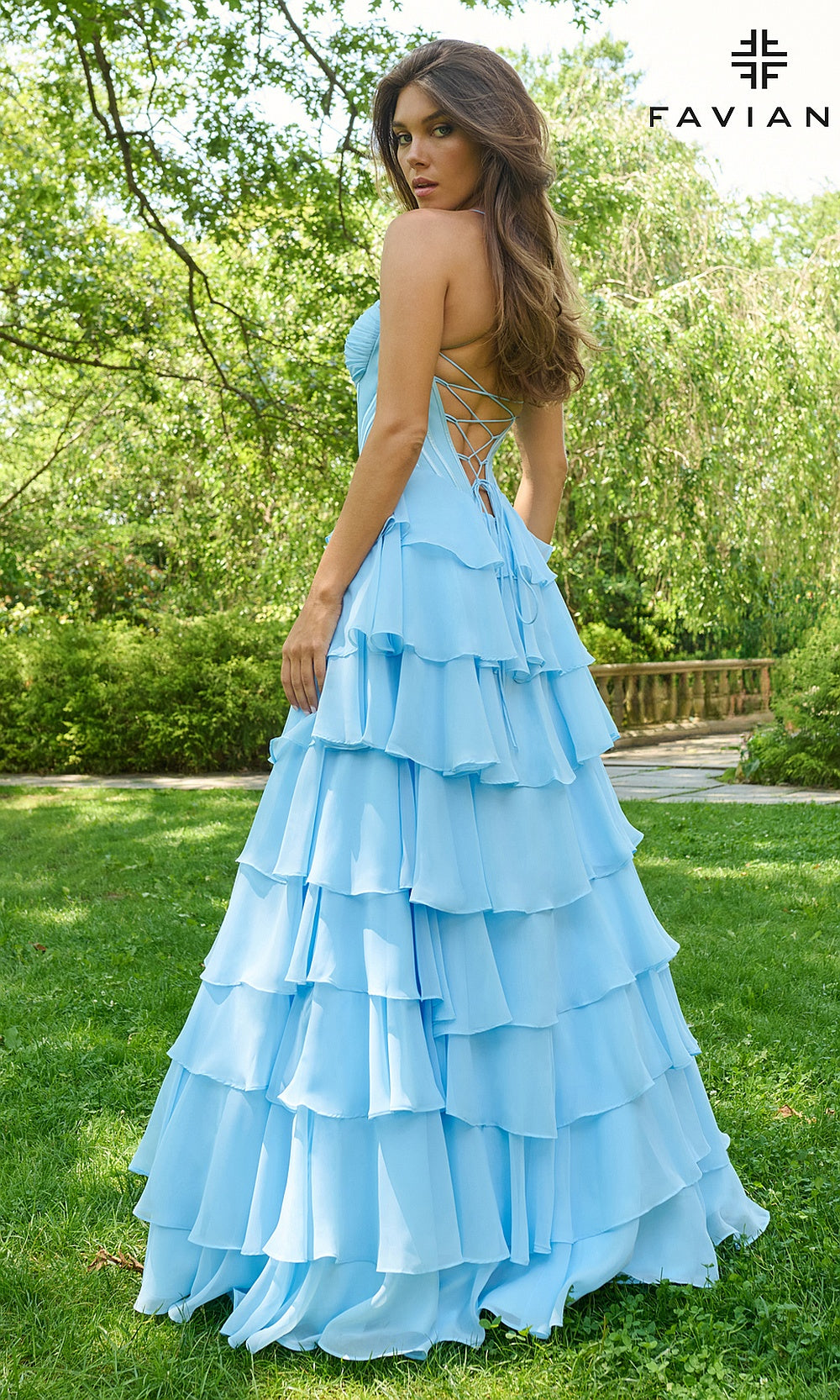 Faviana 11420 Sky Blue back view showing crisscross lace-up open back to waist on long chiffon A-line prom gown with tiered ruffle skirt