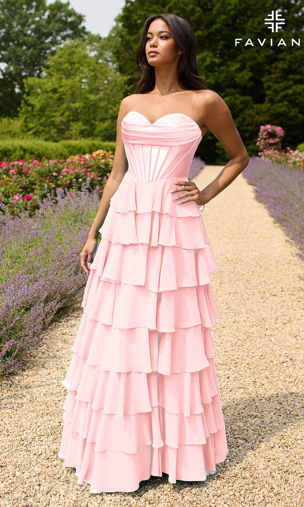 Faviana 11436 Light Pink strapless sweetheart corset gown with tiered chiffon ruffles, floral appliqué trim, a-line silhouette, front view, evening gown styled for prom