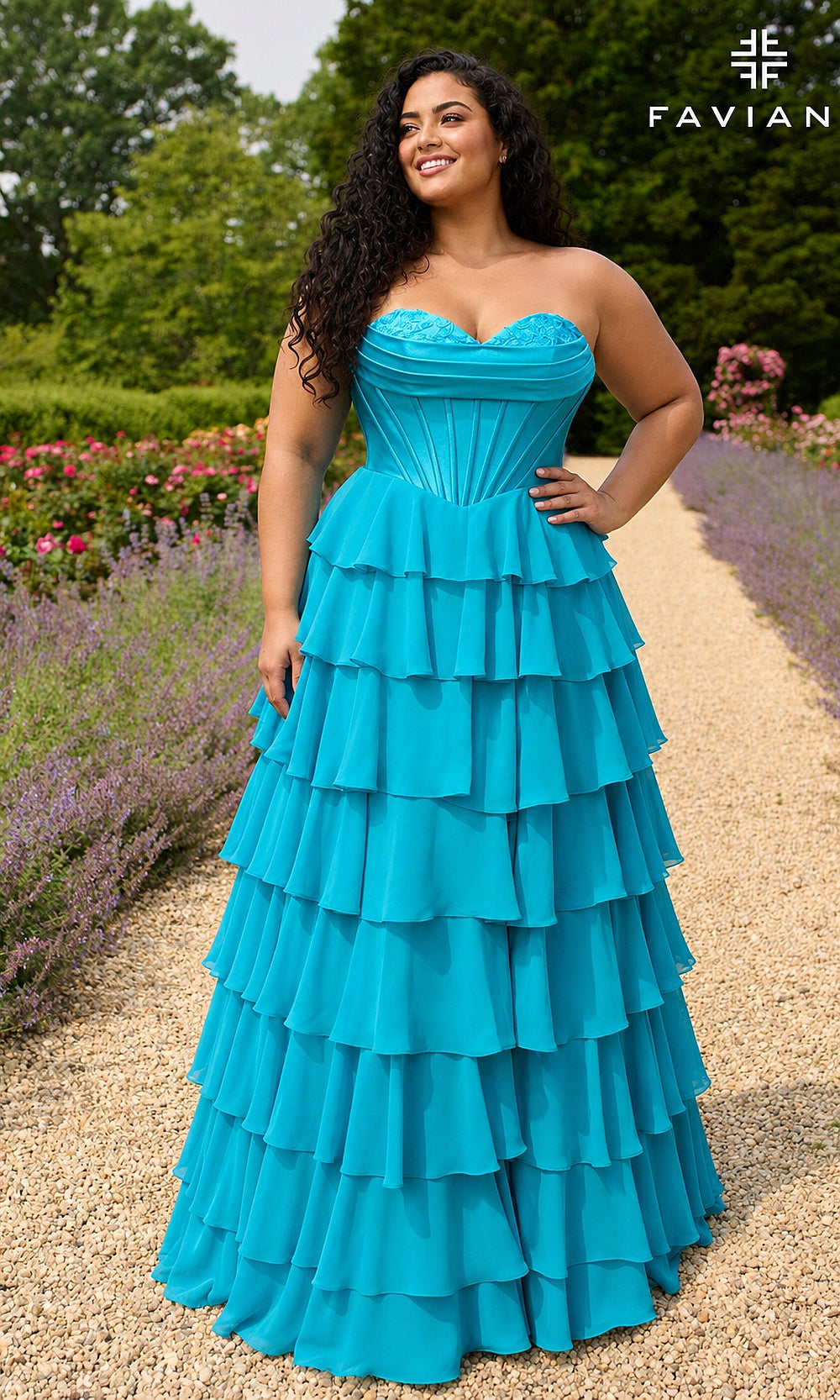 Faviana 11436E Aqua plus size strapless sweetheart corset gown with tiered chiffon ruffles, floral appliqué trim, a-line silhouette, front view, sweet 16 ball gown, a prom favorite