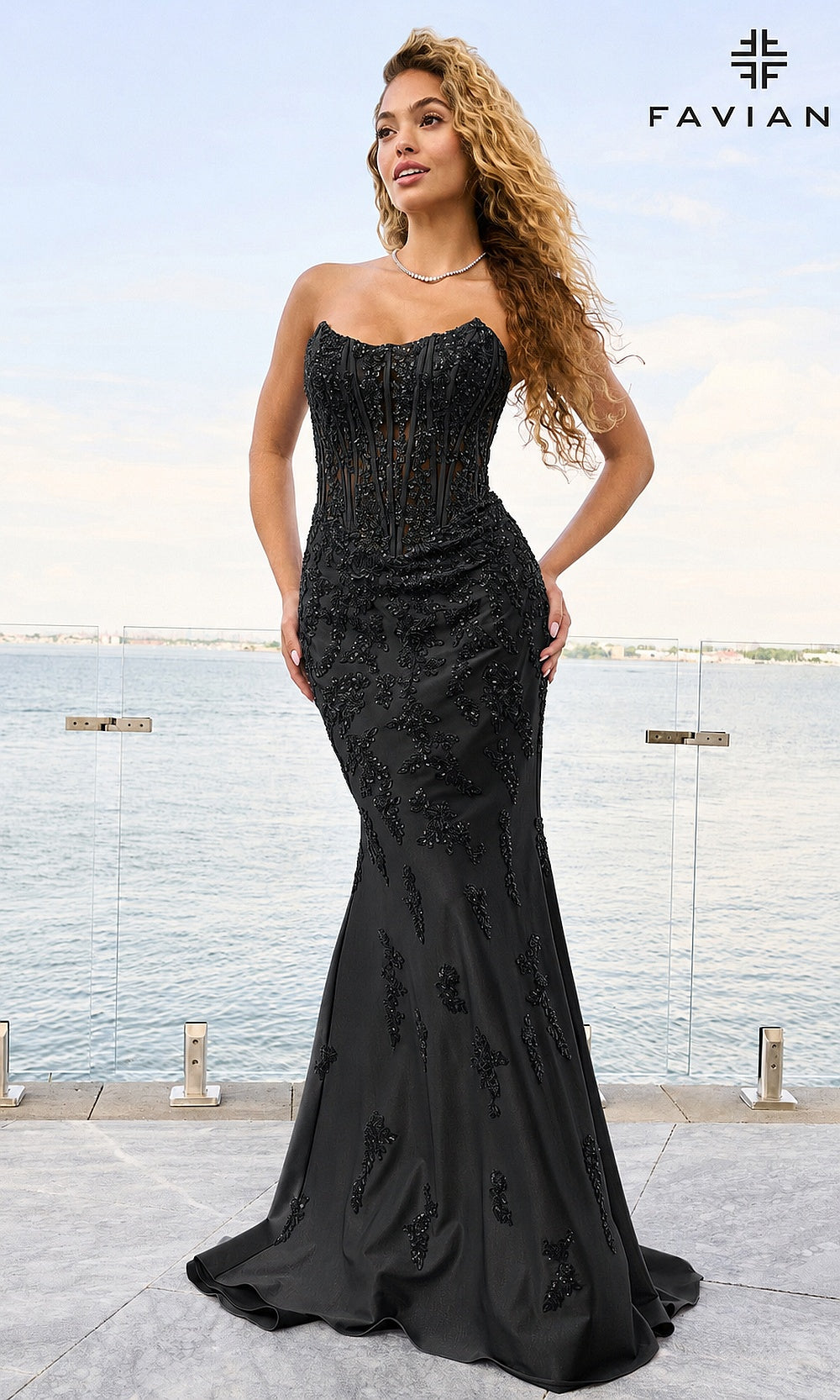 Faviana 11600 Black prom dress front view with floral beaded appliqués, strapless scoop neckline, fitted mermaid silhouette, formal prom gown
