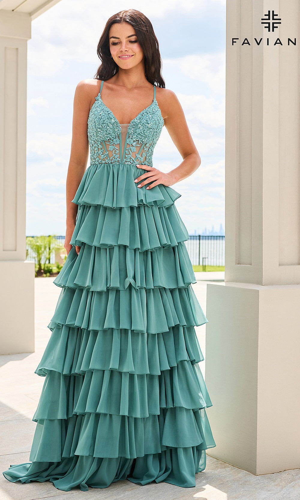 Faviana 11603 Dark Pacific Blue prom dress full-length front view with floral lace bodice, beading, tiered chiffon ruffle skirt, V-neckline, spaghetti straps, formal prom gown