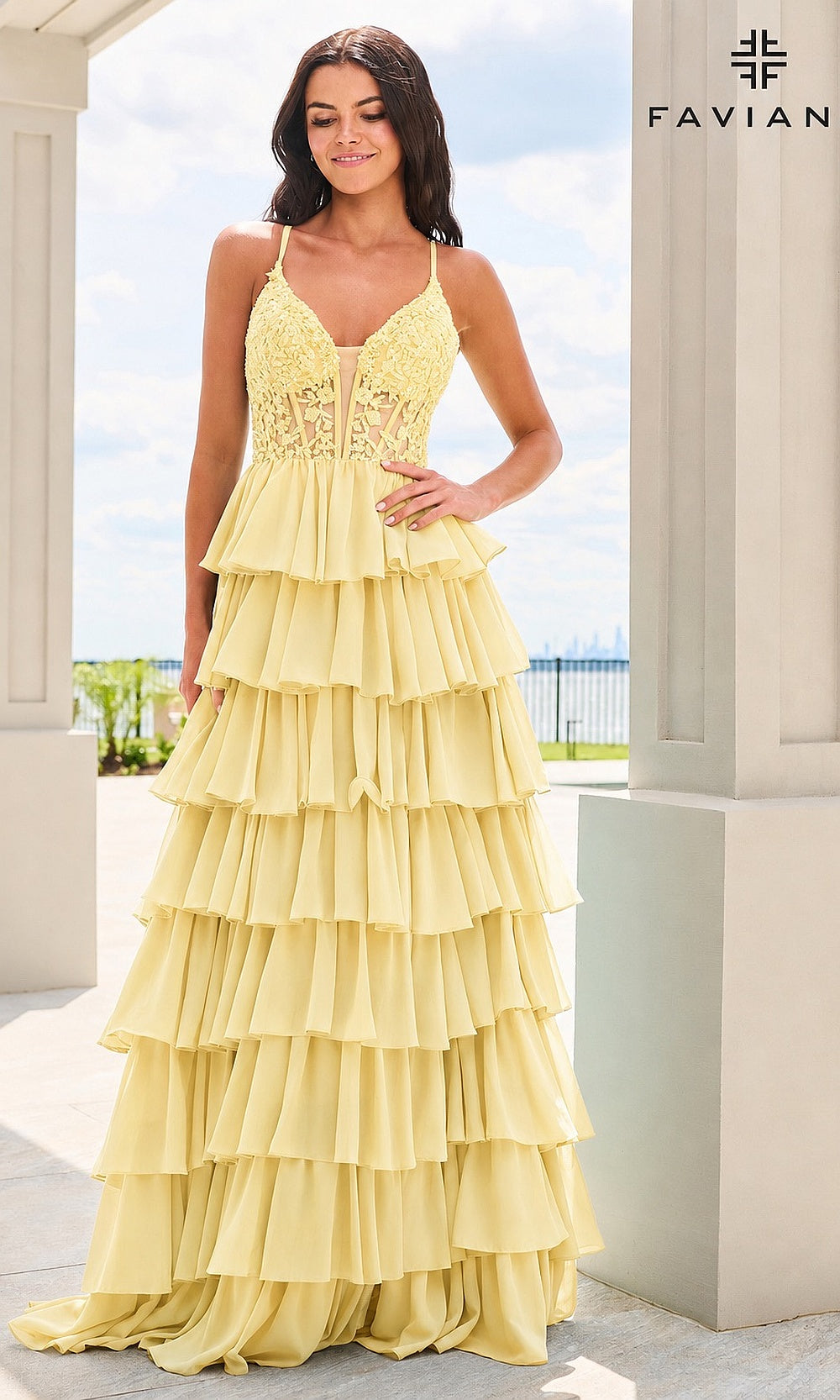 Faviana 11603 Light Yellow prom dress front view with floral lace bodice, beading, floral appliqués, tiered chiffon ruffle skirt, V-neckline, sweet 16 ball gown